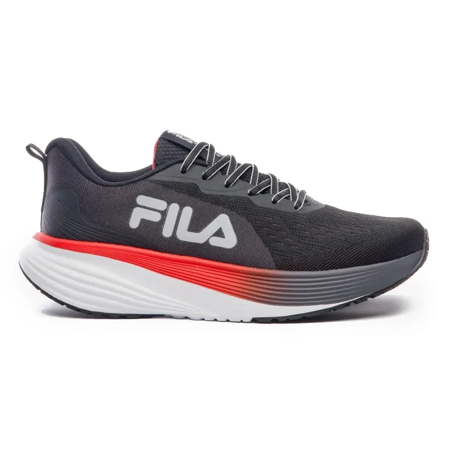 Tênis masculino Fila Agile preto com detalhes em vermelho e grafite, vista lateral